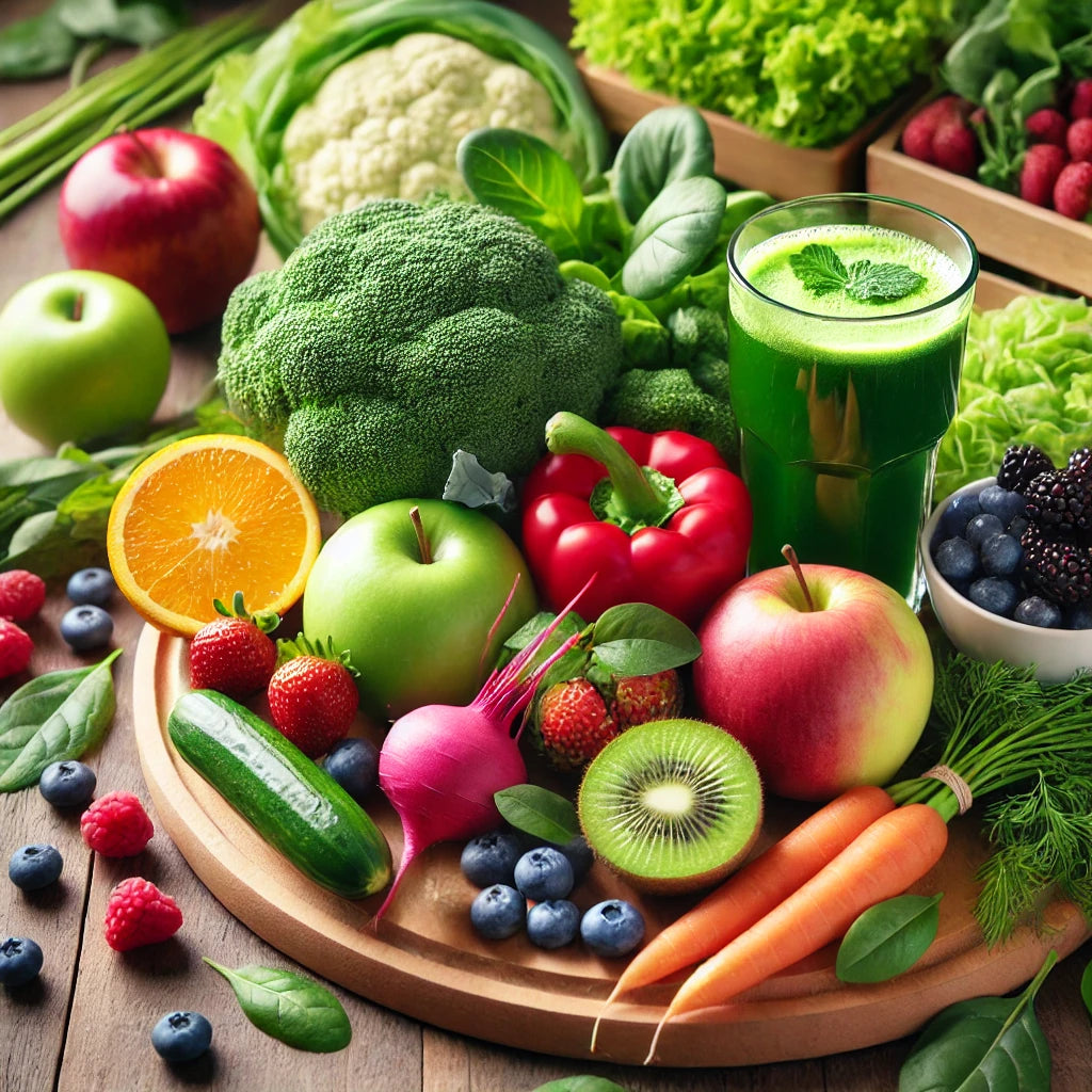 A vibrant display of fresh, colorful organic fruits and vegetables arranged around a glass of green juice on a wooden table. The image features leafy greens, carrots, apples, and berries, highlighting themes of health, wellness, and natural nutrition.